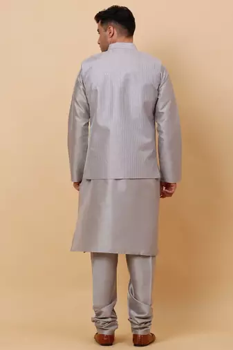 Men Grey Kurta and Churidar with Grey sequence Striped Nehru Jacket