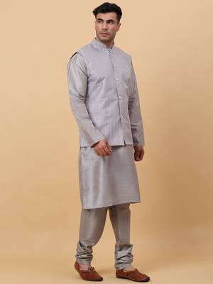 Men Grey Kurta and Churidar with Grey sequence Striped Nehru Jacket 4