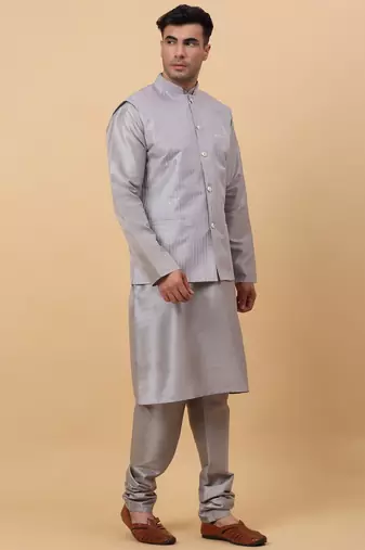 Men Grey Kurta and Churidar with Grey sequence Striped Nehru Jacket