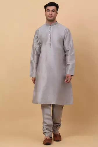 Men Grey Kurta and Churidar with Grey sequence Striped Nehru Jacket