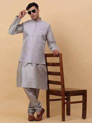 Men Grey Kurta and Churidar with Grey sequence Striped Nehru Jacket 7