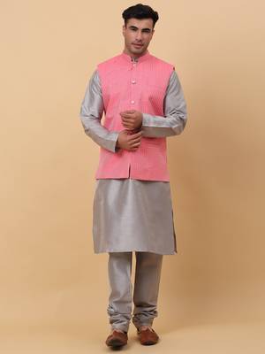 Men Grey Kurta and Churidar with Pink sequence Striped Nehru Jacket 1