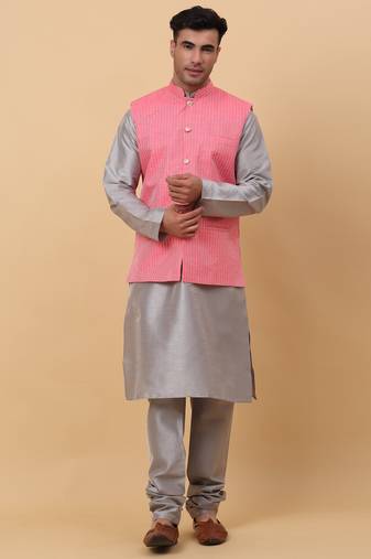 Men Grey Kurta and Churidar with Pink sequence Striped Nehru Jacket