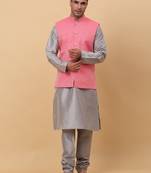 Men Grey Kurta and Churidar with Pink sequence Striped Nehru Jacket
