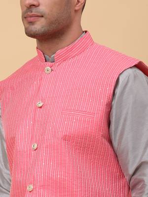 Men Grey Kurta and Churidar with Pink sequence Striped Nehru Jacket 2