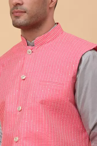 Men Grey Kurta and Churidar with Pink sequence Striped Nehru Jacket