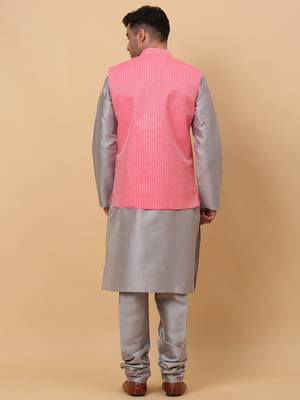 Men Grey Kurta and Churidar with Pink sequence Striped Nehru Jacket 3