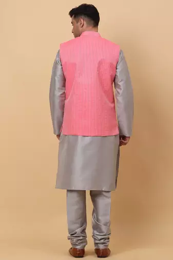 Men Grey Kurta and Churidar with Pink sequence Striped Nehru Jacket