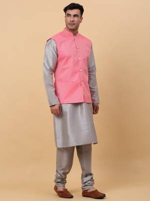 Men Grey Kurta and Churidar with Pink sequence Striped Nehru Jacket 4
