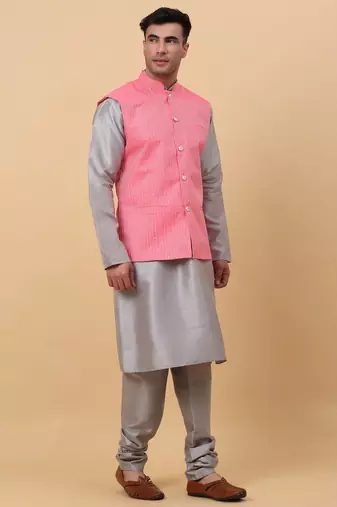 Men Grey Kurta and Churidar with Pink sequence Striped Nehru Jacket