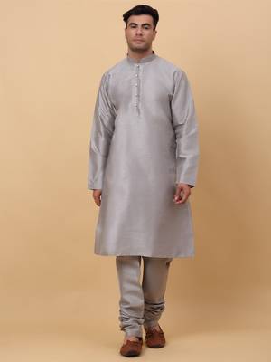 Men Grey Kurta and Churidar with Pink sequence Striped Nehru Jacket 5