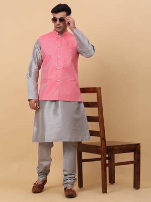 Men Grey Kurta and Churidar with Pink sequence Striped Nehru Jacket 7