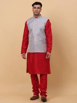 Men Maroon Kurta and Churidar with Grey sequence Striped Nehru Jacket 1