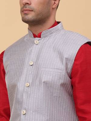 Men Maroon Kurta and Churidar with Grey sequence Striped Nehru Jacket 2