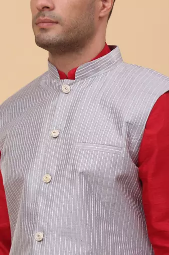 Men Maroon Kurta and Churidar with Grey sequence Striped Nehru Jacket