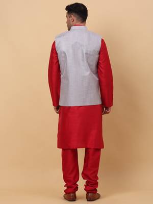 Men Maroon Kurta and Churidar with Grey sequence Striped Nehru Jacket 3