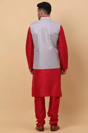 Men Maroon Kurta and Churidar with Grey sequence Striped Nehru Jacket