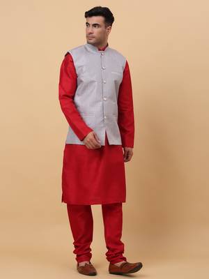 Men Maroon Kurta and Churidar with Grey sequence Striped Nehru Jacket 4