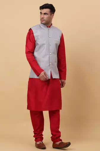 Men Maroon Kurta and Churidar with Grey sequence Striped Nehru Jacket
