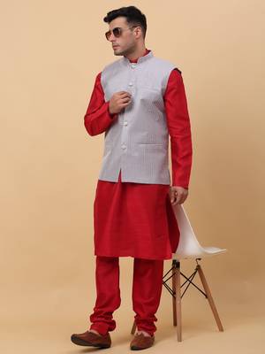 Men Maroon Kurta and Churidar with Grey sequence Striped Nehru Jacket 7