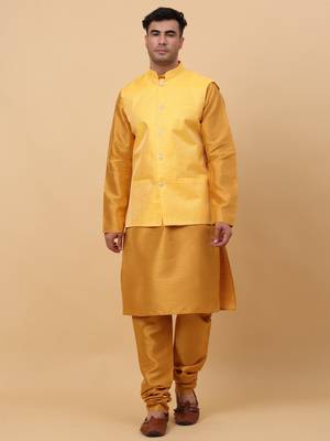 Men Mustard Kurta and Churidar with Yellow sequence Striped Nehru Jacket 1