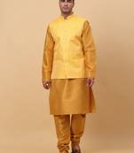 Men Mustard Kurta and Churidar with Yellow sequence Striped Nehru Jacket