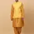 Men Mustard Kurta and Churidar with Yellow sequence Striped Nehru Jacket