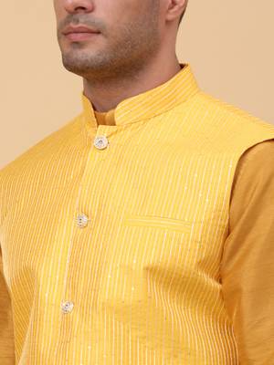 Men Mustard Kurta and Churidar with Yellow sequence Striped Nehru Jacket 2