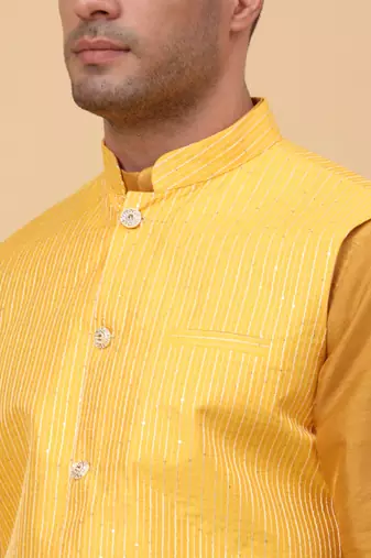 Men Mustard Kurta and Churidar with Yellow sequence Striped Nehru Jacket