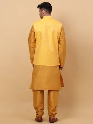 Men Mustard Kurta and Churidar with Yellow sequence Striped Nehru Jacket 3