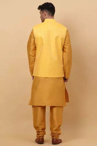 Men Mustard Kurta and Churidar with Yellow sequence Striped Nehru Jacket