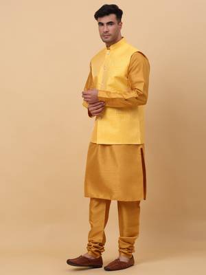 Men Mustard Kurta and Churidar with Yellow sequence Striped Nehru Jacket 4