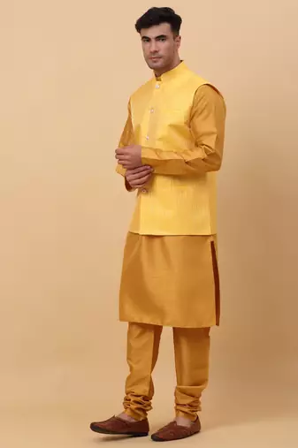 Men Mustard Kurta and Churidar with Yellow sequence Striped Nehru Jacket