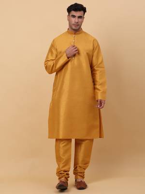 Men Mustard Kurta and Churidar with Yellow sequence Striped Nehru Jacket 5
