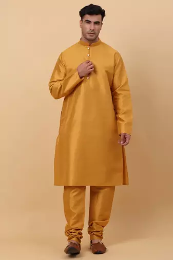 Men Mustard Kurta and Churidar with Yellow sequence Striped Nehru Jacket