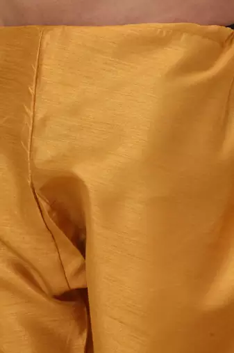 Men Mustard Kurta and Churidar with Yellow sequence Striped Nehru Jacket