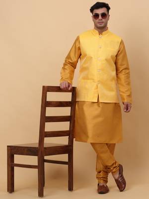 Men Mustard Kurta and Churidar with Yellow sequence Striped Nehru Jacket 7