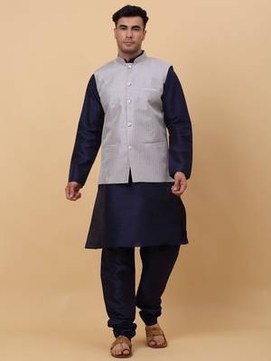 Men Navy Blue Kurta and Churidar with Grey sequence Striped Nehru Jacket 1