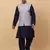 Men Navy Blue Kurta and Churidar with Grey sequence Striped Nehru Jacket