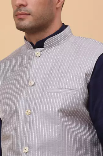 Men Navy Blue Kurta and Churidar with Grey sequence Striped Nehru Jacket
