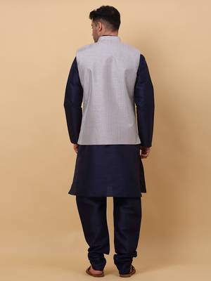 Men Navy Blue Kurta and Churidar with Grey sequence Striped Nehru Jacket 3