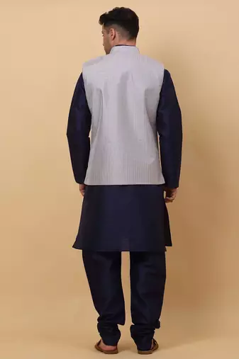 Men Navy Blue Kurta and Churidar with Grey sequence Striped Nehru Jacket