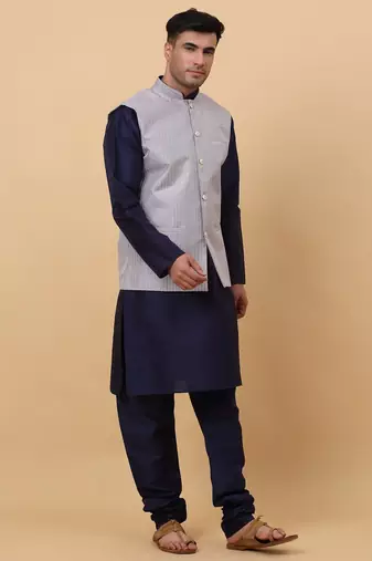 Men Navy Blue Kurta and Churidar with Grey sequence Striped Nehru Jacket
