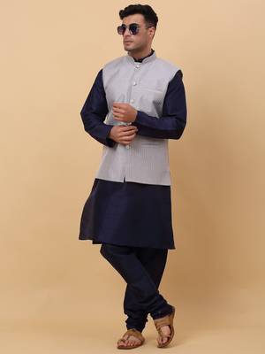 Men Navy Blue Kurta and Churidar with Grey sequence Striped Nehru Jacket 7
