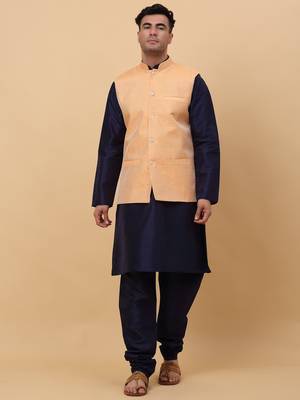 Men Navy Blue Kurta and Churidar with Peach sequence Striped Nehru Jacket 1