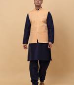 Men Navy Blue Kurta and Churidar with Peach sequence Striped Nehru Jacket