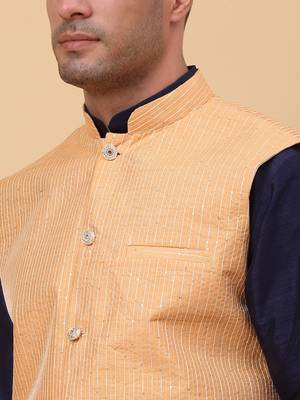 Men Navy Blue Kurta and Churidar with Peach sequence Striped Nehru Jacket 2