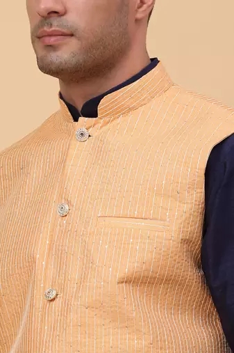 Men Navy Blue Kurta and Churidar with Peach sequence Striped Nehru Jacket