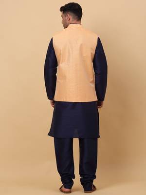 Men Navy Blue Kurta and Churidar with Peach sequence Striped Nehru Jacket 3