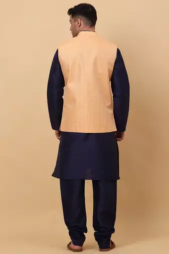 Men Navy Blue Kurta and Churidar with Peach sequence Striped Nehru Jacket